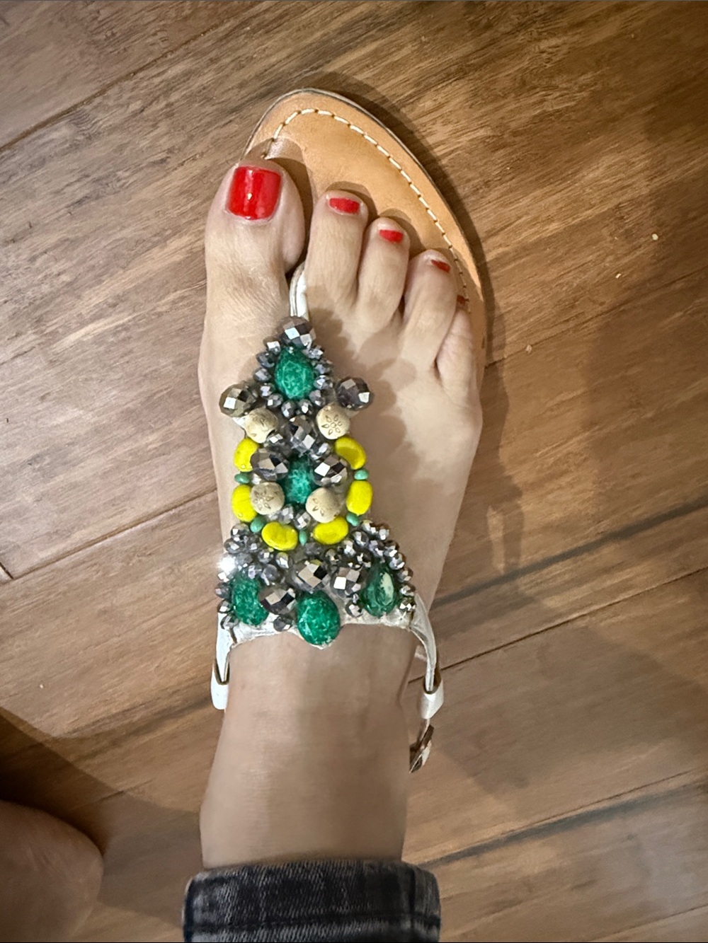 Matisse White Beaded Jeweled T-Strap Sandals with Green and Yellow Accents